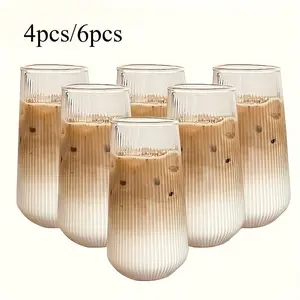 4/6Pcs, Ribbed drinking glasses, high borosilicate glass household cups, vertical striped milk cups, iced coffee and juice cups, transparent glass, large capacity single-layer cups. Essential for family gatherings, birthday presents