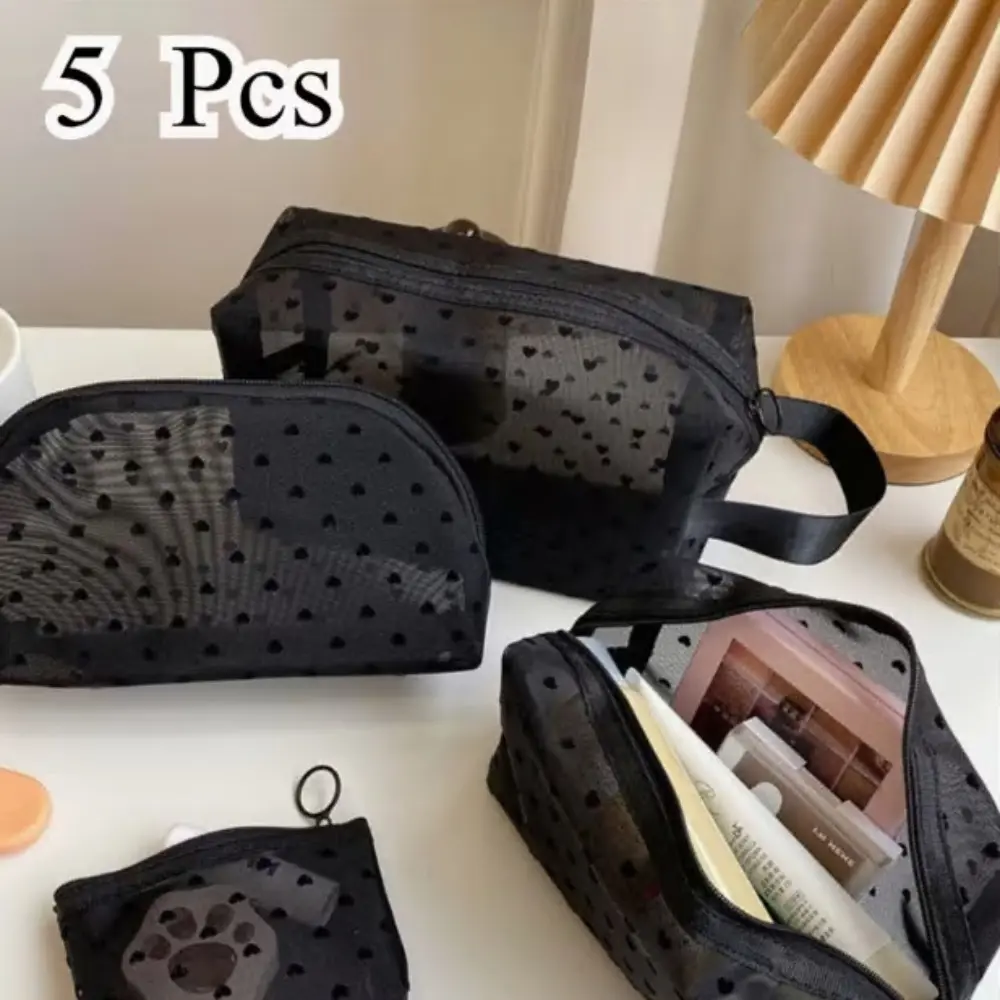 5 Pieces Set Mesh Cosmetic Purse, Heart Printed Mesh Cosmetic Bag with Zipper, Portable Toiletry Bags for Travel Home Makeup Organizer