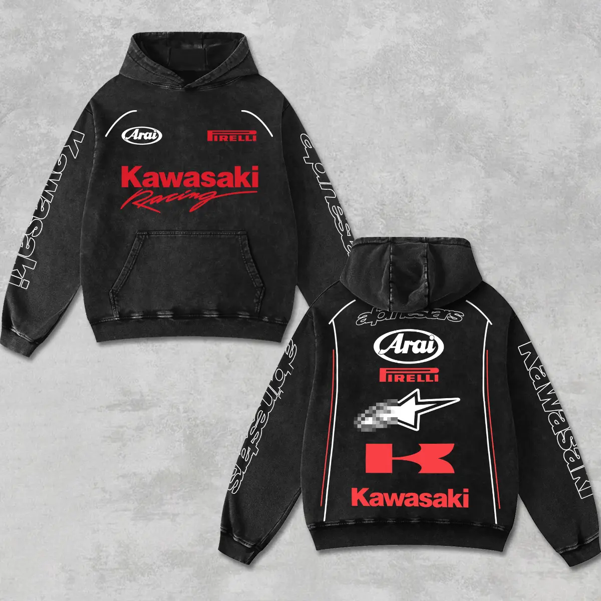 Retro Arai Pirelli x Kawasaki Racing Hoodie Vintage Washed Black, Motor World Championship Enthusiast, Motorcycle Off-Road Dirt Bike Graphic Streetwear, Heavyweight Biker Sweatshirt, Retro Moto Gear Motorbike Apparel Men’s Grunge Y2K Racing Jacket Style