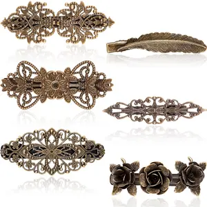 6 Pieces Vintage Hair Barrettes for Women Retro French Flower Hair Clips Metal Bronze Barrettes Floral Feather Hair Pins for Women Girl Hair Styling Accessories