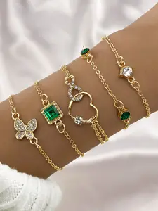 Elegant 5-Piece Emerald Square Diamond Butterfly Heart Bracelet Set, Stylish Alloy Accessories for All Seasons Stackable Bracelets Jewelry Bracelet