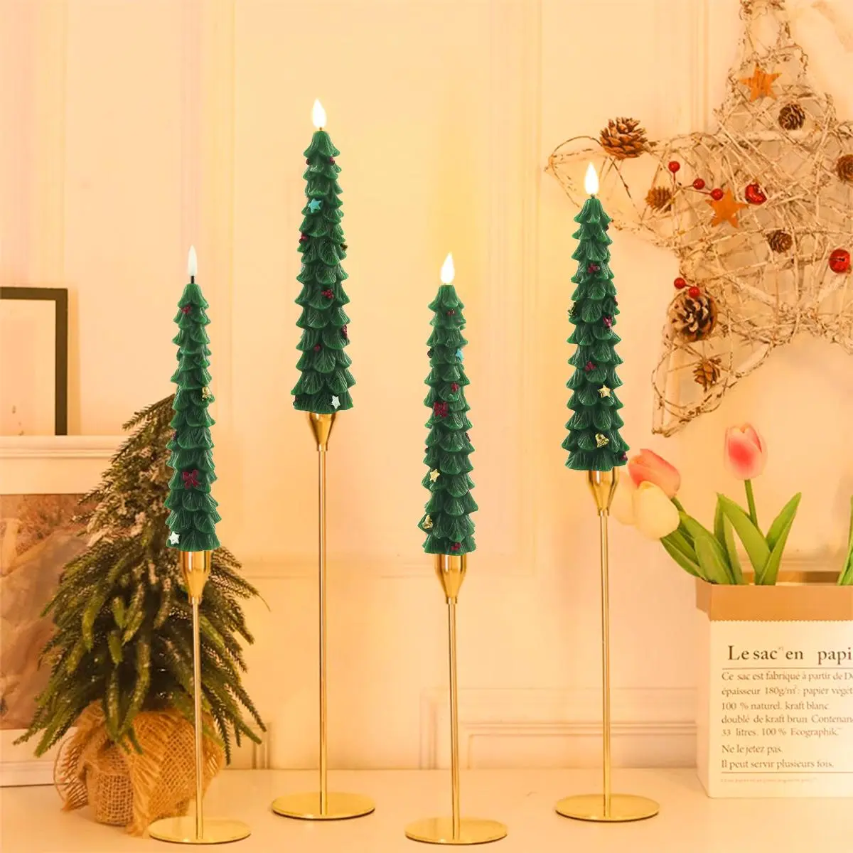 Christmas Tree Flameless Taper Candles Flameless Window Candles with Remote Timer, 9.8" Battery Operated 3D Wick LED Flickering Taper Candle for Home, Wedding,christmas decorations