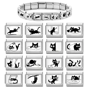 New 2026 Laser Engraving Cute Cartoon Black Playing Cats Italian Charm Links Fit 9mm Stainless Steel Bracelet Men Women DIY Making Gifts Gift for love