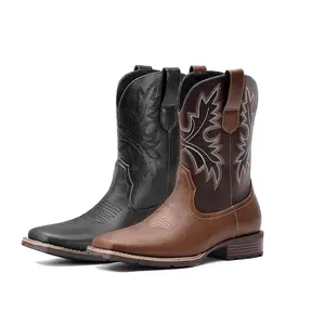 【PlusSize】Cowboy Boots for Men - Western Men's Boots with Classic Embroidered, Slip on Square Toe Boots Chunky Heel Ankle, Durable Short Boots for Spring Fall FathersDayGift