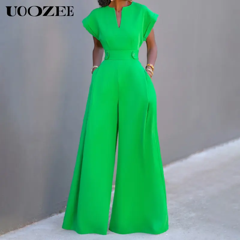 UOOZEE Women's V-Neck Green Cap Sleeve Wide-Leg Jumpsuit - 100% Polyester Fitted Overall, Chic Minimalist Elegance, Stylish & Practical, Casual, Machine Washable (Runs 1 Size Smaller; Order 1 Size Larger)