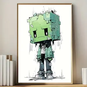 2D Flat, 2D Flat, A Frameless Pixel Art Canvas Print Featuring Modern Graffiti Style Wall Decor, with a Green And Black Pixel Design, Perfect for Unique Interior Decoration in Living Rooms, Bedrooms, Offices, Or Bathrooms, Large Canvas Wall Art