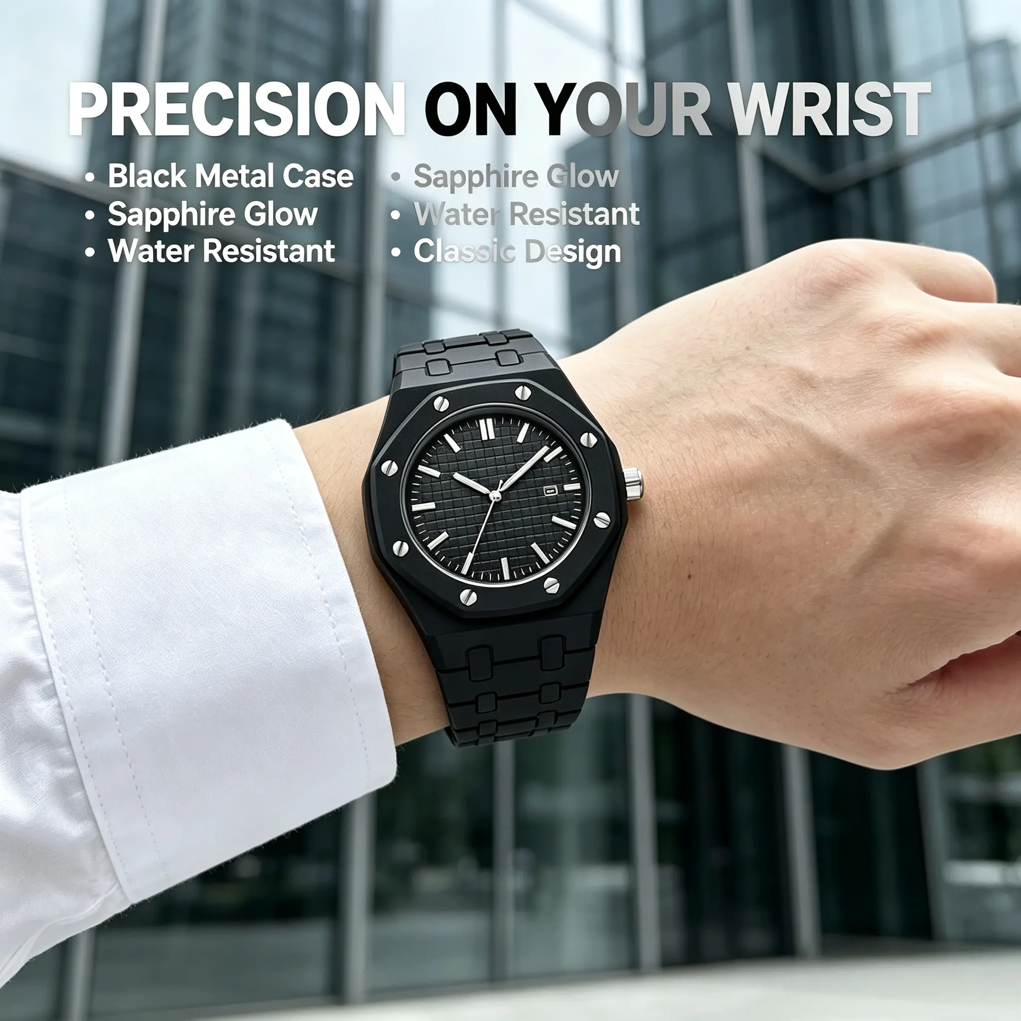 Matte All Black Octagon Quartz Watch, Grid Textured Dial Integrated Link Band Unisex Minimal Street Watch with Date Window for Daily Outfits