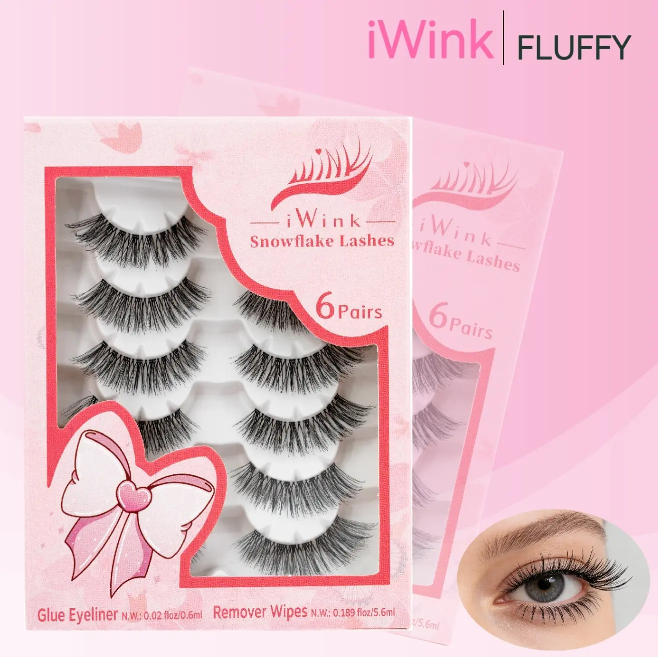 iwink 3D D-Curl False Eyelashes, 6 Pairs Fluffy Dramatic Lashes, 10-15mm Lightweight with Invisible Band & Free Glue Eyeliner, False Eyelashes & Adhesives, Feather Soft, Lengthening, Youth, Strip, Dense, Synthetic Fiber, Doll Eye Effect