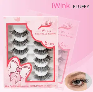 iWink Fluffy 3D Strip Lashes, 6 Pairs Ultra-thin Weightless Volume with Invisible Band & Free Glue Eyeliner for Seamless Blend Lightweight Handmade Beauty Wispy Natural
