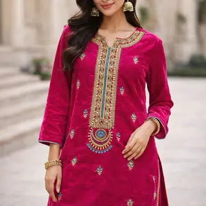 Velvet Winter Embroidered Shirts - 1 Piece Size Medium in Hot Pink with Gold Accents and Floral Embroidery