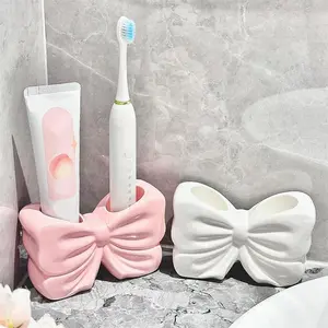 Bowknot Design Toothbrush Holder, 1 Count Ceramic Toothbrush Storage Rack, Bathroom Supplies for Home Hotel Salon Dormitory, Toothpaste Holder