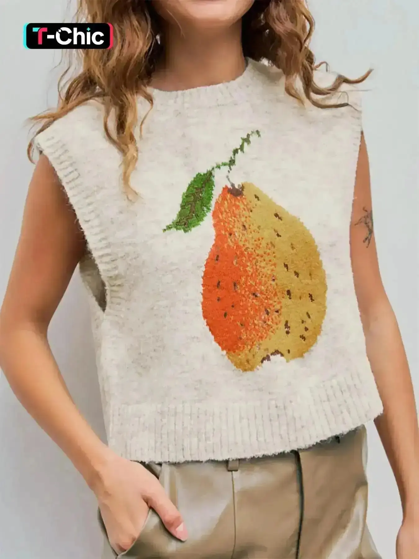 Women's Pear Print Round Neck Sweater Vest, Casual Comfy Vests Sleeveless Chunky Knit Vest Top for Summer, Fashion Women's Knitwear for Daily Wear, Stylish, Trendy, Feminine, Cozy, Durable