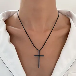Retro cross necklace for men and women, simple leather rope chain, oil dripping black steel edge classic pendan