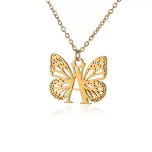 【PANG Jewelry】Personalized Butterfly Initial Necklace forWomen A-Z Letter Pendant CustomizableCollarbone Chain Jewelry Gift