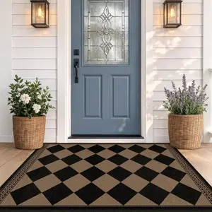 Easy Jute Indoor Outdoor Rug 3x5, Brown Black Checkered Patio Front Porch Rug Decor,  Laundry Room Floor Mats, Boho Border Washable Non Slip Mat for Entryway, Kitchen, Backyard, Farmhouse Style