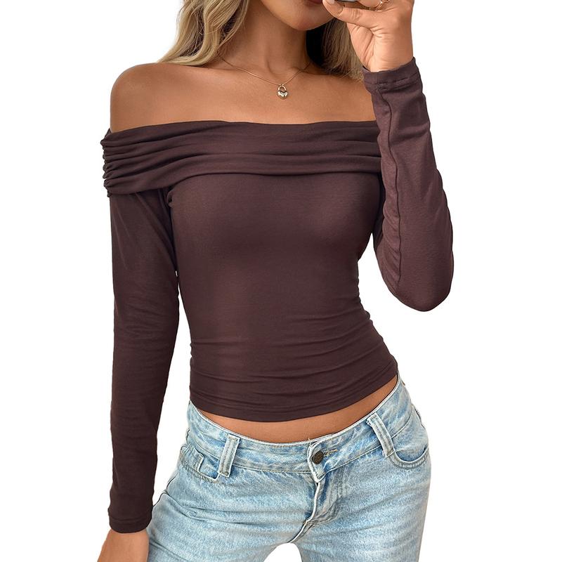 Women's Off The Shoulder Long Sleeve Ruched Slim Fit Crop Top