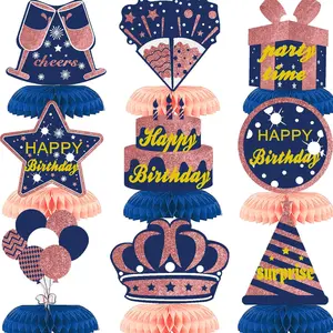 9PCS Blue Rose Gold Happy Birthday Decorations Honeycomb Centerpieces Happy Birthday Table Centerpieces Party Supplies 15th 16th 18th 21st 30th 40th 50th 60th 70th 80th Birthday Table Topper Decor