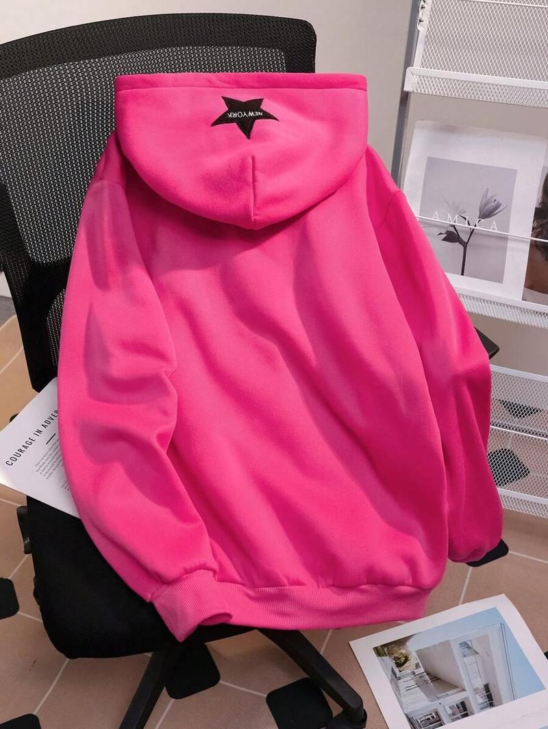 Hot Pink Zip Up Hoodie . Star Patch “New York” & Bold Black Letter Graphic . Trendy Y2K Streetwear Jacket . Encourage Embroidery Detail . Soft Fleece Aesthetic Hoodie for Women