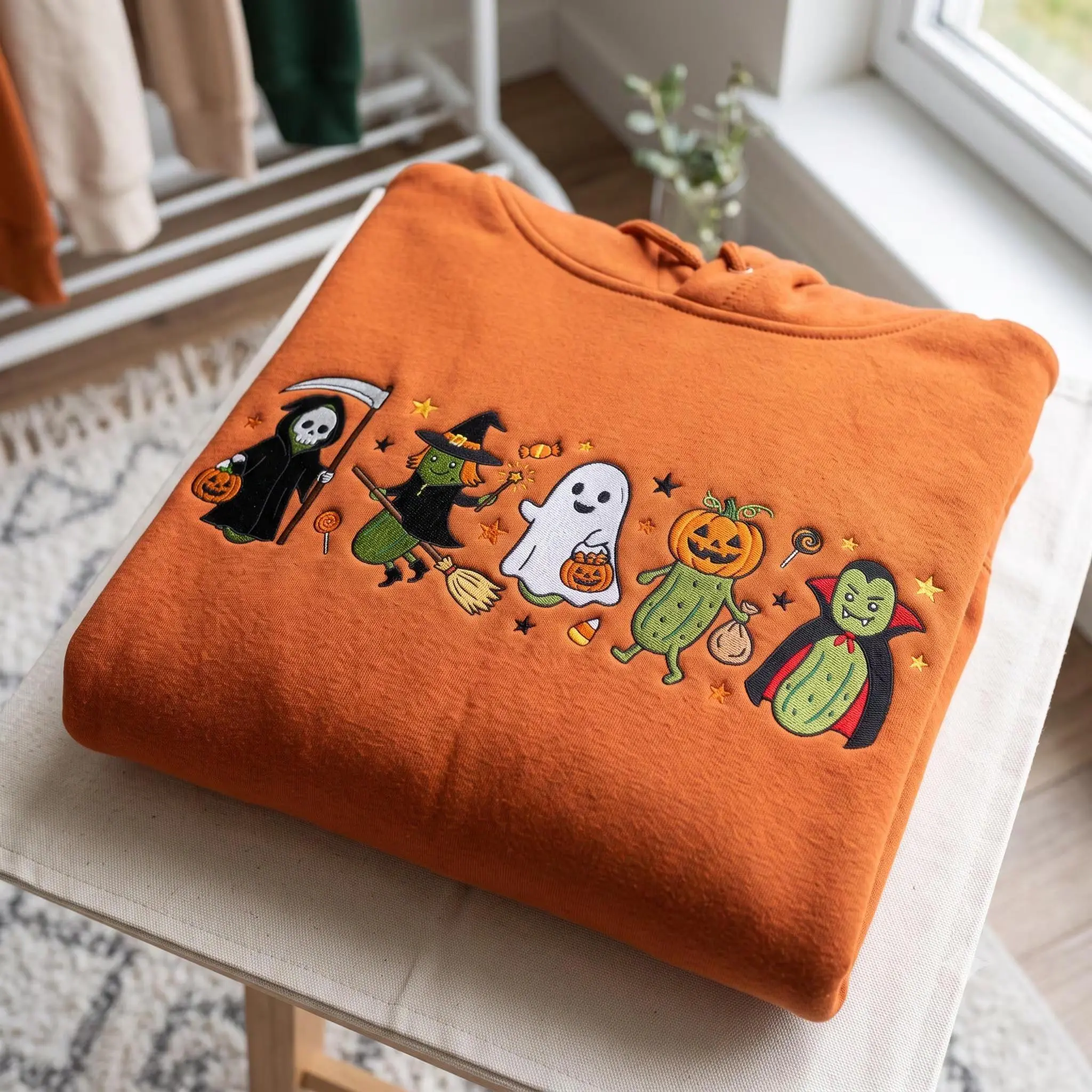 [Made in US] Halloween Pickle Embroidered Sweatshirt T Shirt Hoodie, Cute Halloween Pickle Hoodie, Witch Ghost Vampire Tee, Trick Or Treat Tee, Funny Halloween Gift