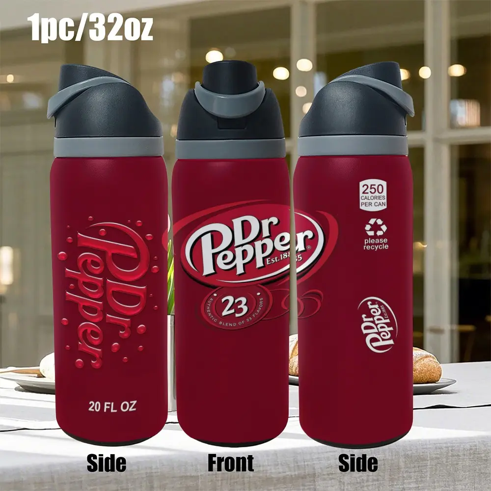 1pc 32oz Stainless Steel Insulated Mug, American Retro Style Dr Pepper Portable Sports Mug Thermal Cup Water Bottles, Drinkware Flasks, with handle and spout, suitable for outdoor and indoor use, fitness, and as a personalized gift