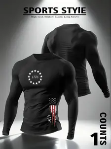 Men's "1776" American Flag Graphic High Neck Compression Long Sleeve - Athletic Top with Patriotic Print, Moisture-Wicking Fabric for Gym Workouts, Casual Urban Daily Wear, Trendy Patriotic Sporty Fashion Piece, Athletic Compression Shirts