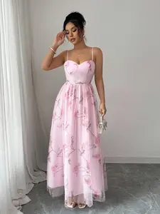 Floral Midi Dress, Womenswear, Elegant Fitted Design, Bustier Style with Waist Cinch, Flowy Mesh Skirt, Perfect for Dates and Vacations