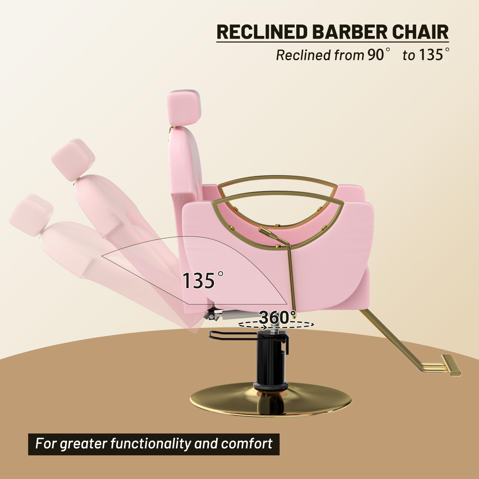 Reclining Salon Chair with Hydraulic Pump and 360° Swivel is a barber chair for hair stylist tattoo lash makeup braiding in black and gold