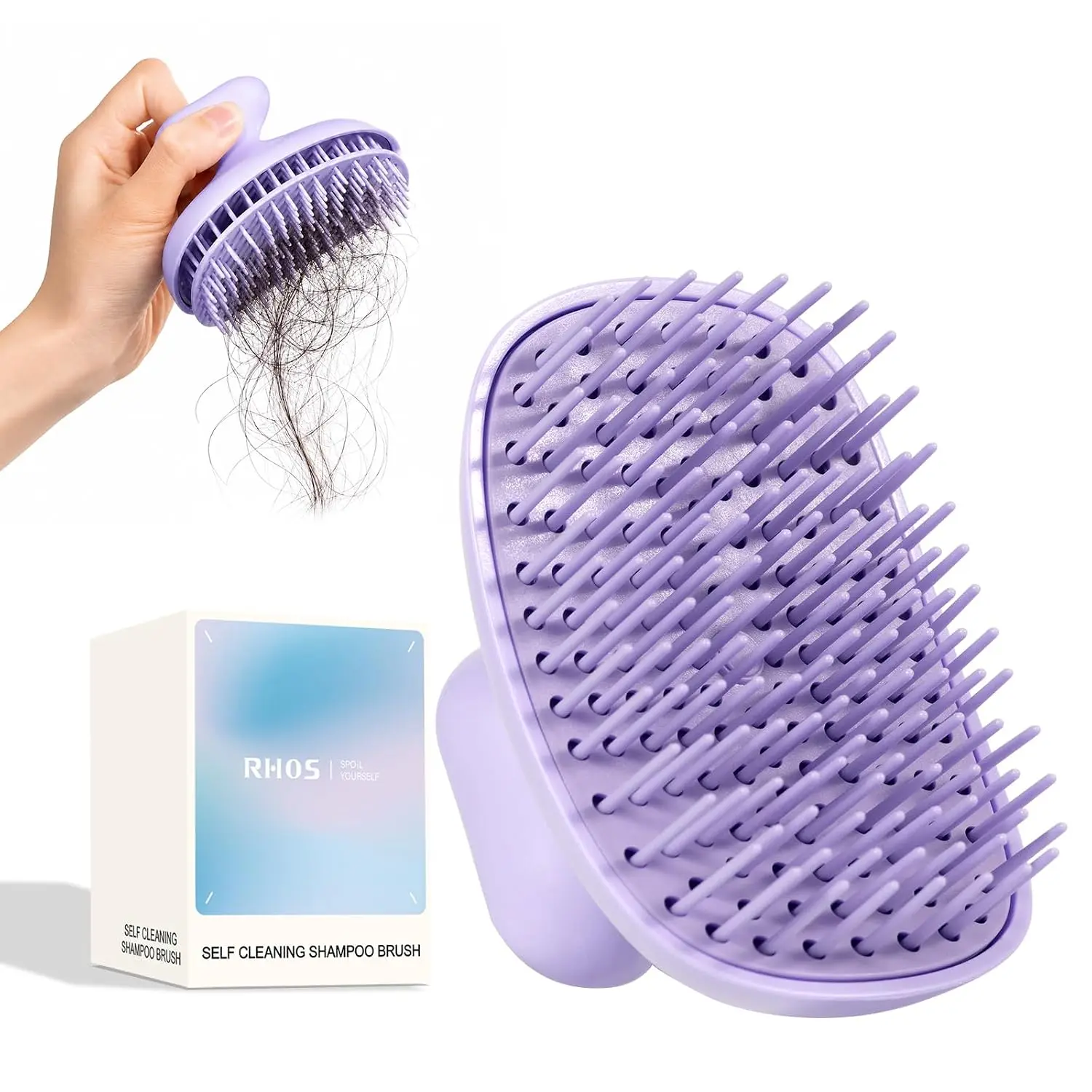 RHOS Self-Cleaning Scalp Scrubber - 1-Press Shampoo Brush & Scalp Massager for Long, Thick Hair, Dandruff-Prone & Oily Scalps