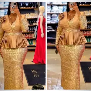 Modern Turkey Dress with Gold Sequins and Pleated Top for Formal Events Long Sleeve Elegance Valentine's Womenswear