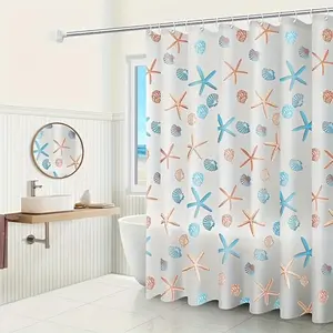Starfish & Shell Print, 1 Count Lightweight Shower Curtain Liner with Hook, Water-resistant Shower Liner for Home and Hotel, Waterproof Bathroom Curtain