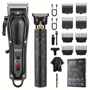 Two HIENA professional men's hair clippers, wireless USB rechargeable lithium battery, ABS body, digital display, engraved design, 1200mAh battery, Barber Hair Clippers, ideal gift for father