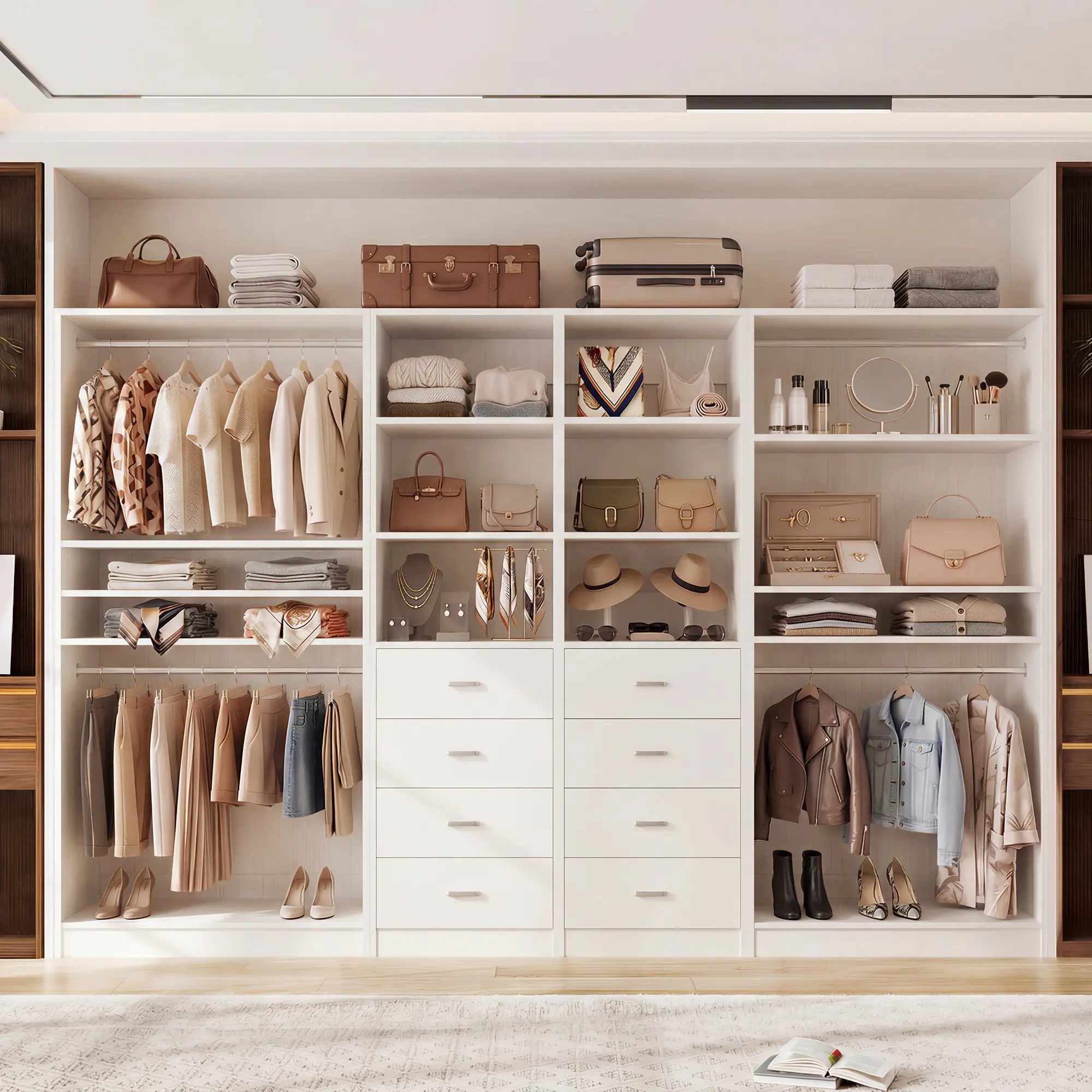 Cyclysio Modern 115" W Heavy-Duty Large-Scale Walk-In Corner Closet Organizer System, 4-Piece Reversible Freestanding Wardrobe Cabinet with 8 Solid Wood Drawers, 4 Hanging Rods & Display Shelf, Easy Installation