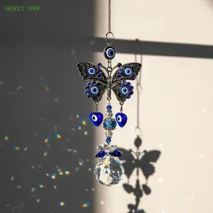 Crystal Prism Sun Catcher with Blue Eye Pendant, Window Hanging Rainbow Maker Ornament, Decorative Wall & Home Accent for Garden, Room, Patio, and Gift