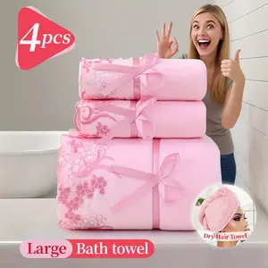 4-Piece Extra Large Bath Towel Set - Soft Microfiber, Quick-Dry & Absorbent with Elegant Pink Ribbon Packaging (1 Bath, 2 Hand, 1 Hair Towel), A Perfect Holiday Gift Collection