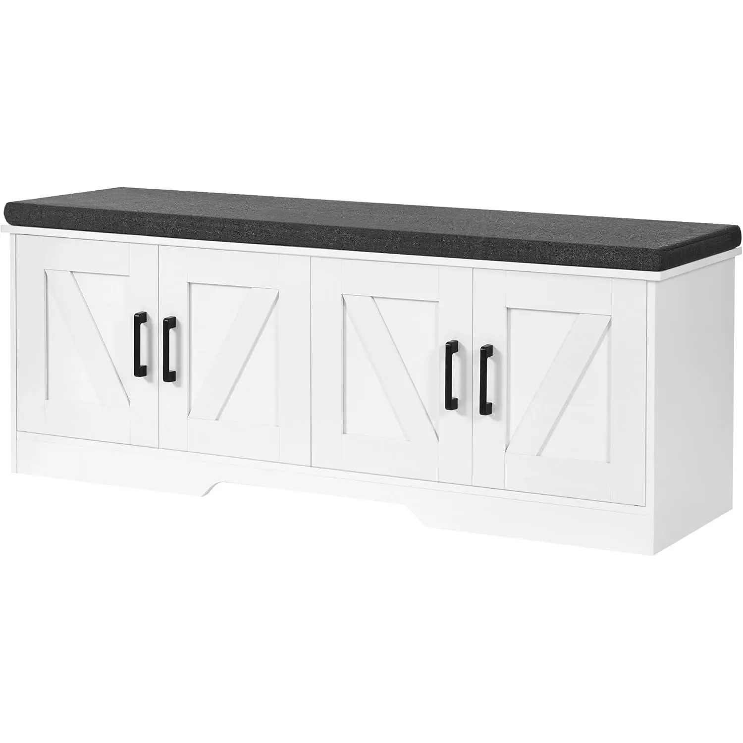 2-Tier Storage Bench with Padded Seat Cushion, Entryway Shoe Bench with 4 Barn Doors & Adjustable Shelf, White Hallway Bench
