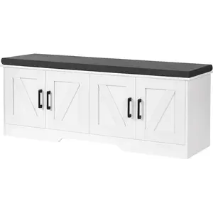 2-Tier Storage Bench with Padded Seat Cushion, Entryway Shoe Bench with 4 Barn Doors & Adjustable Shelf, White Hallway Bench