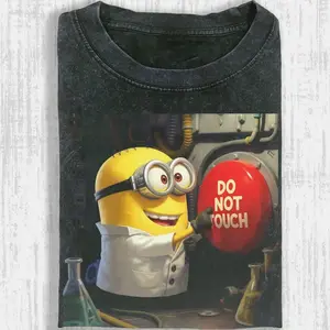 Minion Do Not Touch Button Graphic T-Shirt, Funny Cartoon Chaos Meme Artwork Tee, Retro Animation Streetwear Shirt, Summer Casual Outfit, Cute Comedy Fan Gift For Him Her ASP