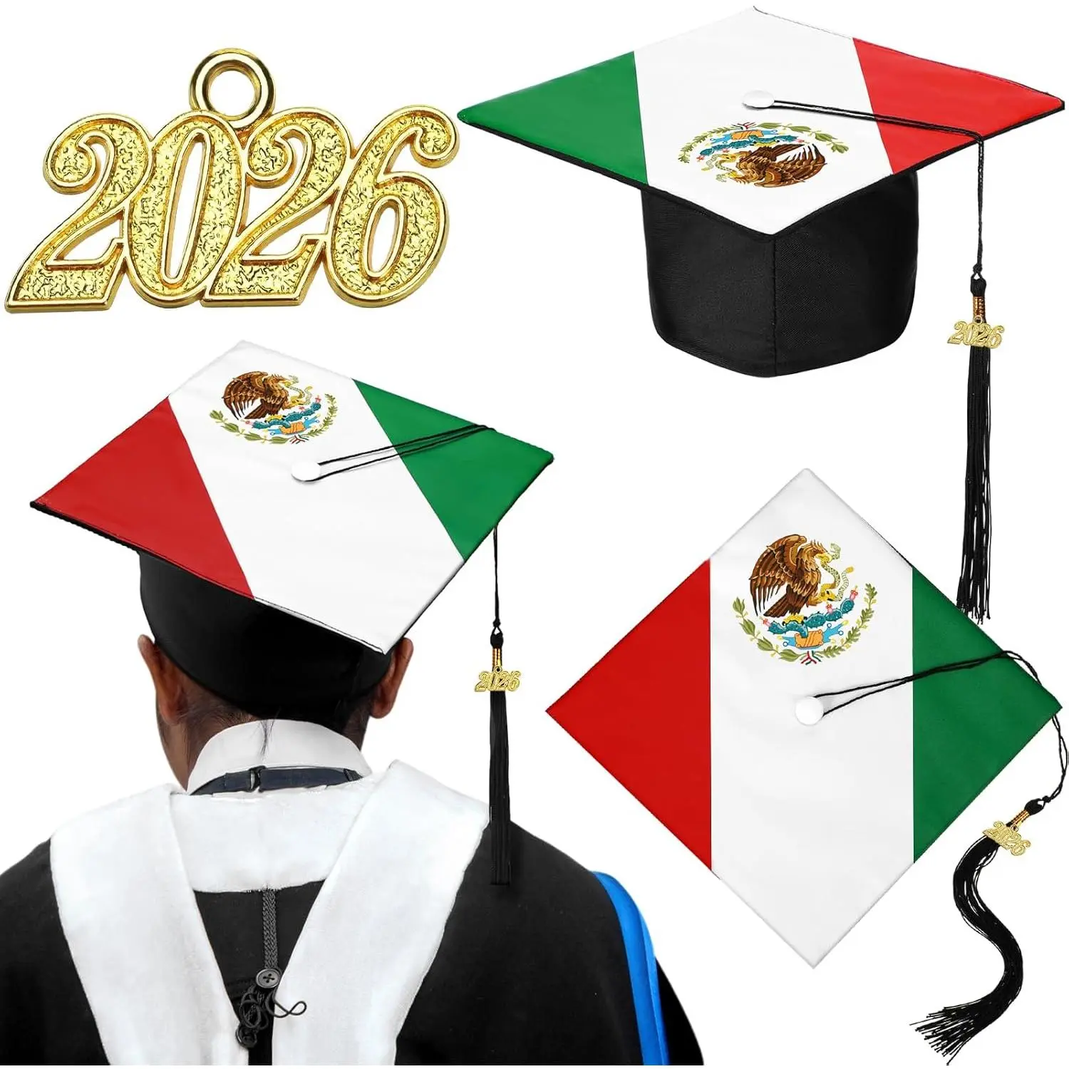 2026 Mexican Flag Print Graduation Cap Class of 2026 Grad Cap Graduation Hat with Tassel Mexico Flag Printed Topper for High School College University Accessory Photo Props