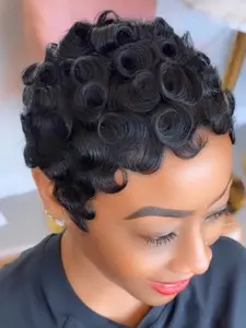 Pixie Cut Wigs for Women Curly Wave Human Hair Short Layered Pixie Cut Curly Wigs With Bangs Natural Black Color for Daily Use, Glueless Closure Wig