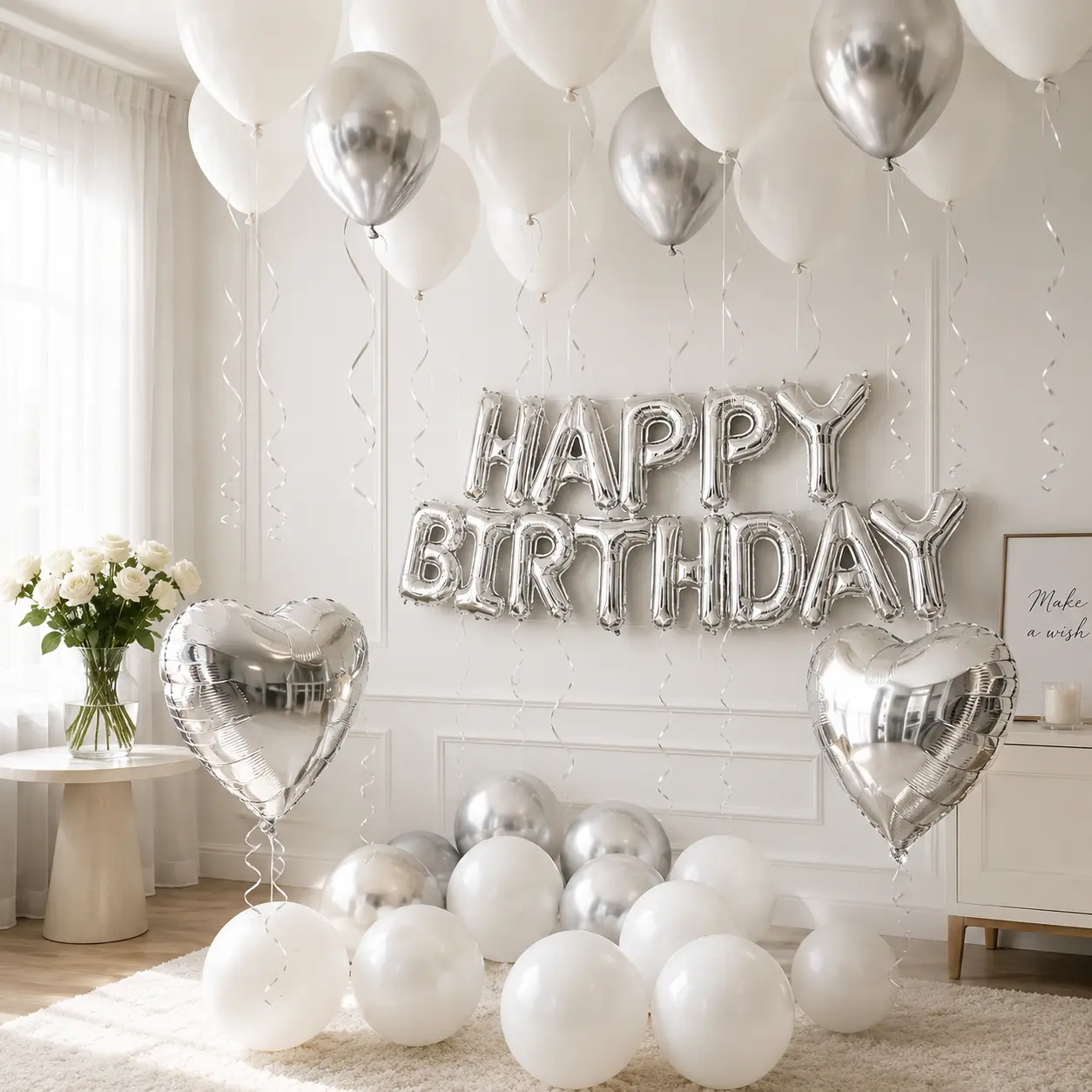 Metallic White & Silver Birthday Balloon Set - Alphabet Letter Cutouts, Decorative Letters, Birthday Graphics, Festive Home & Party Supplies Decor, Alphabet Letter Cutouts Balloons