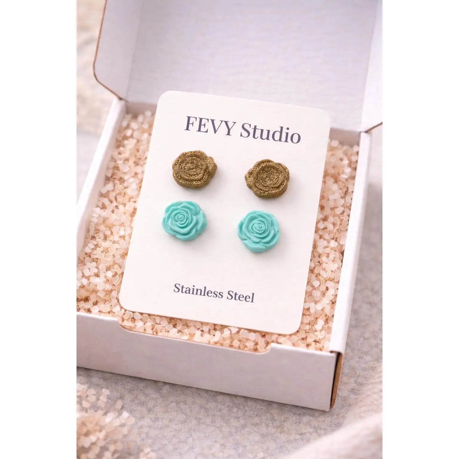 Rose Flower Stud Earrings Set | Turquoise Gold Earrings | Polymer Clay Jewelry | Stainless Steel Posts Gift for Women