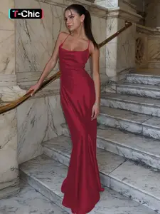 Women's Satin Solid Sleeveless Backless Lace-up Bodycon Cami Dress Plain Party Club Holiday Date Birthday Evening Gown Formal Wear Long Dresses For Women Summer Clothing Wear
