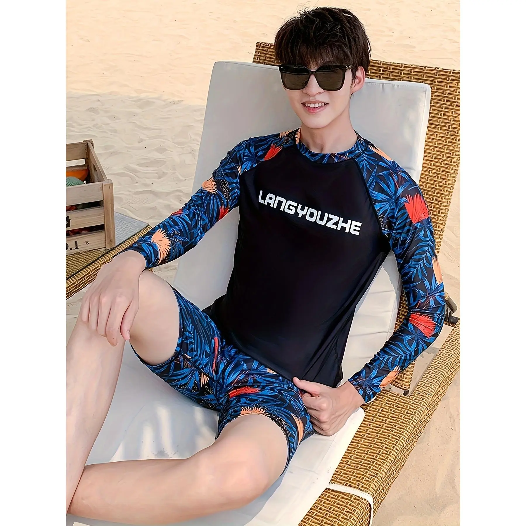 Fashion Print Men'S Split Long-Sleeved Competitive Swimsuit Five-Quarter Pants Swimming Surfing Suit