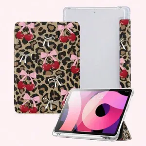 Leopard Print Cherry Blossom Bow iPad Case, Auto Sleep/Wake with Stylus Slot, Scratch/Shock/Impact Resistant Slim Cover for iPad A16/11th/10th Gen/Air/Mini/Pro & Samsung Galaxy Tab A7-A9/S6 Lite/S7-S10+, Ideal Holiday Gift