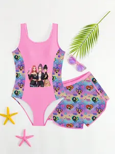 Girls' K-Pop Rock Style Cartoon Swimsuit Set, Gradient Rainbow Tank Top & Swim Pants, Beach Swimming Suit, Cute Slim-Fitting