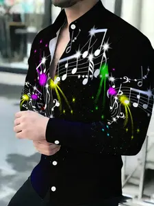 Music Theme Printed Men's Long Sleeve Shirt, Fashion Trendy Personalized Design, Black Sequin Note Pattern Top