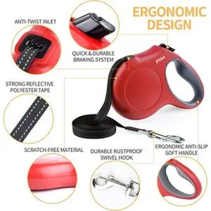 Retractable Dog Leash with Dispenser and Poop Bags, 16 Ft Pet Walking Leash for Medium Dog or Cat up to 44 Lbs, Anti-Slip Handle, Tangle Free, Reflective Nylon Tape (M, Red) Best-Run Technology CO