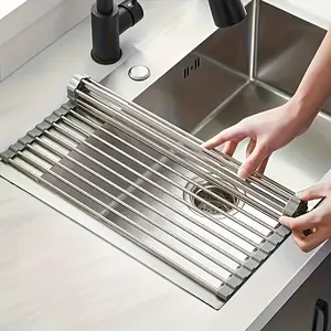 1pc, Deluxe Stainless Steel Roll-Up Dish Drying Rack - Space-Saving Over The Sink Design, Multifunctional Dish Drain Rack, Portable Rolling Rack, Sink Mat, Easy Storage, Rust-Resistant, Durable, And Compact Kitchen Tool, Drain Rack