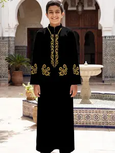 Gold Embroidered Robe, Middle Eastern Traditional Clothing, Stand Collar Zipper Long Sleeve, Festival Prayer Wear