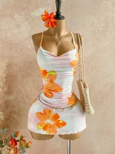 Holiday Casual Watercolor Floral Summer Vacation Drape Neck Halter Dress, Patchwork Tie-Dye Dress, Summer, Mallow Flower Dress, Womenswear